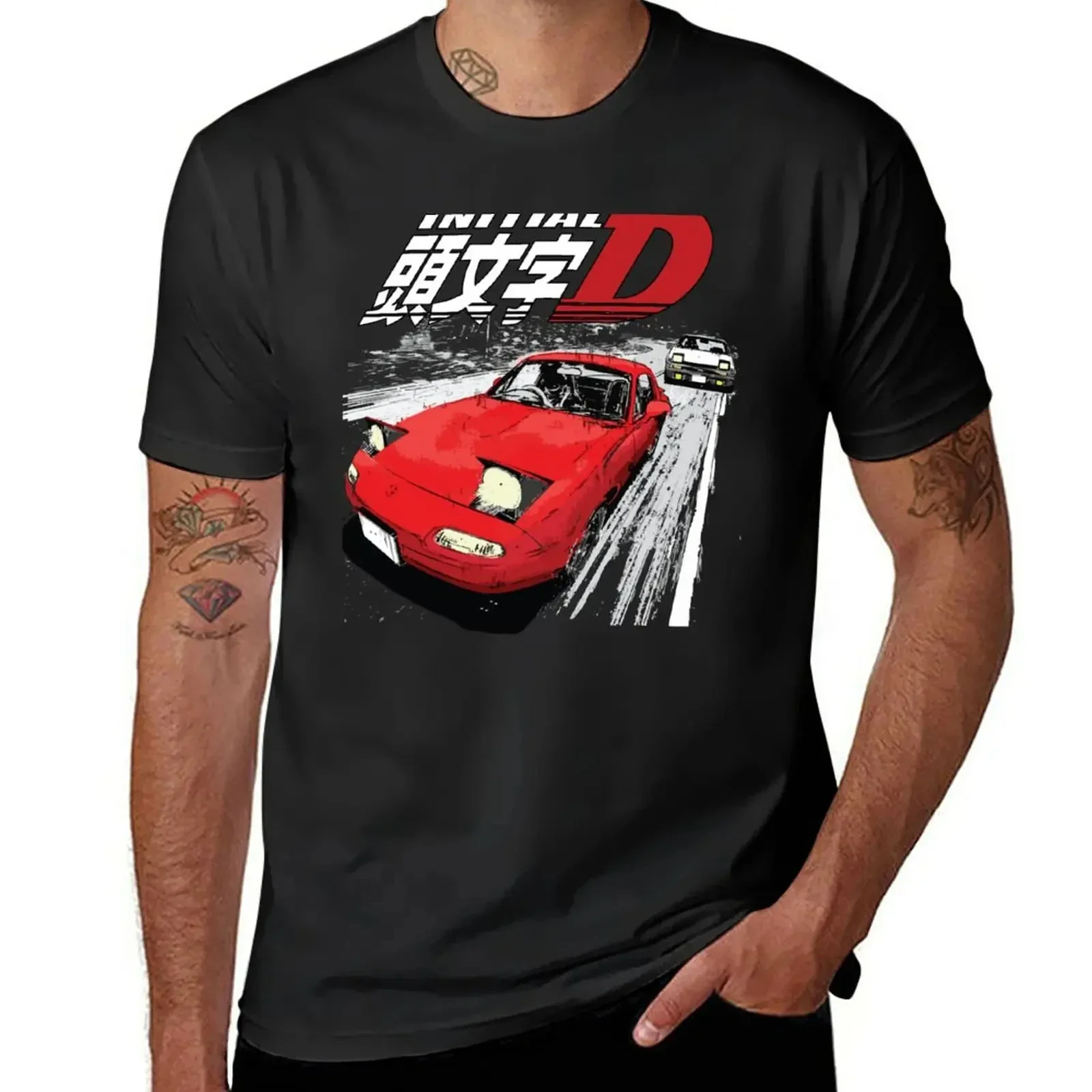 New Initial Mountain Drift Racing Tandem Takumi Fujiwara AE86 vs Toru Neck Collar Suetsugu's Eunos MX5 miata NA Roadster T-Shirt