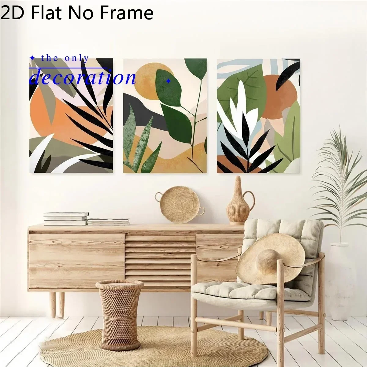 2D Flat, 2D Flat, 3pcs 2D Flat Bohemian Palm Leaf Abstract Canvas Wall Art - Nordic Style, Tropical Leaf Design with Vibrant