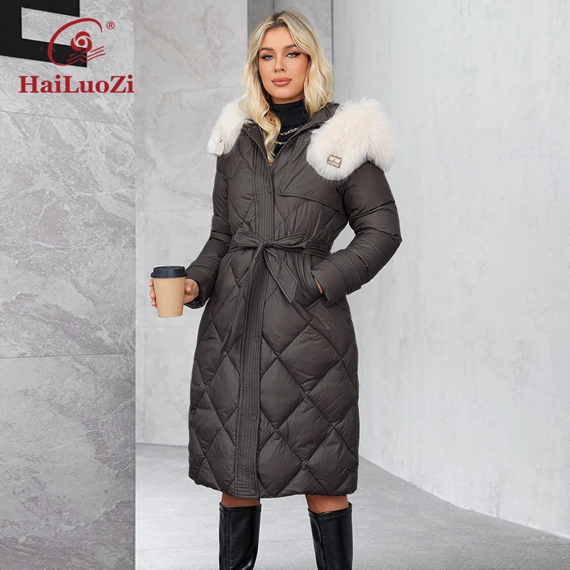 HaiLuoZi 2024 New Ladies Winter Cotton Hooded Fur Long Women\'s Parka Coat Elegancka pikowana kurtka damska z dużymi kieszeniami i paskiem 1311