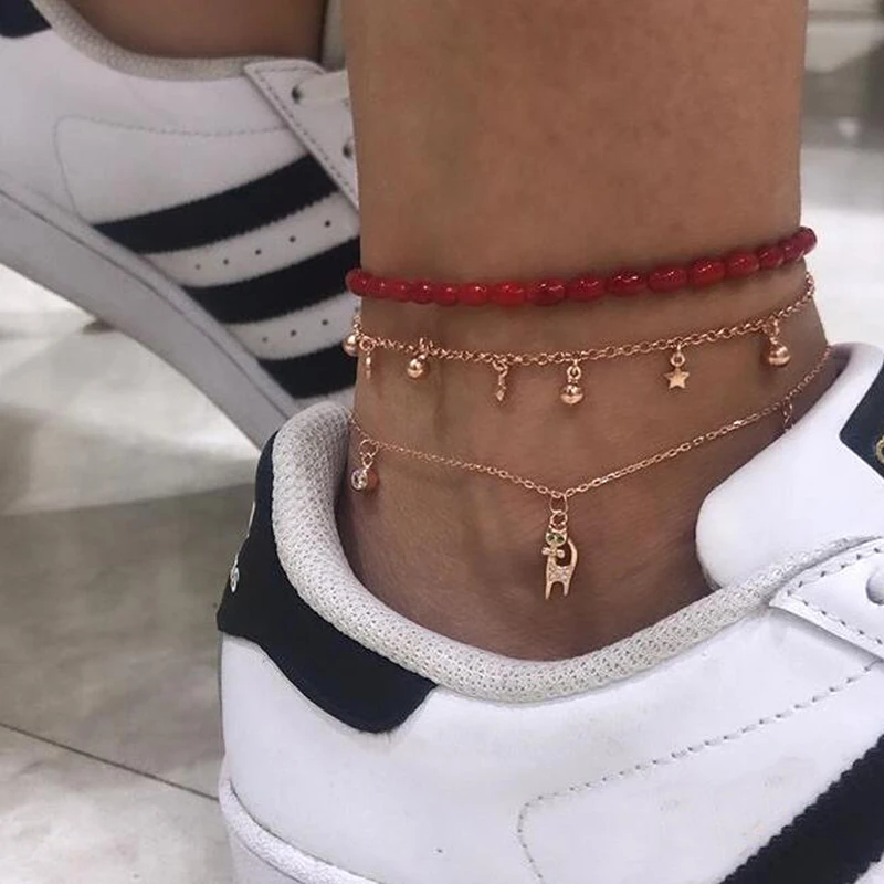 Tocona Summer Multi-layer Metal Beaded Anklets for Women Cat Pendant Red Beads Ankle Gold Color Beach Ankle Bracelet 8543