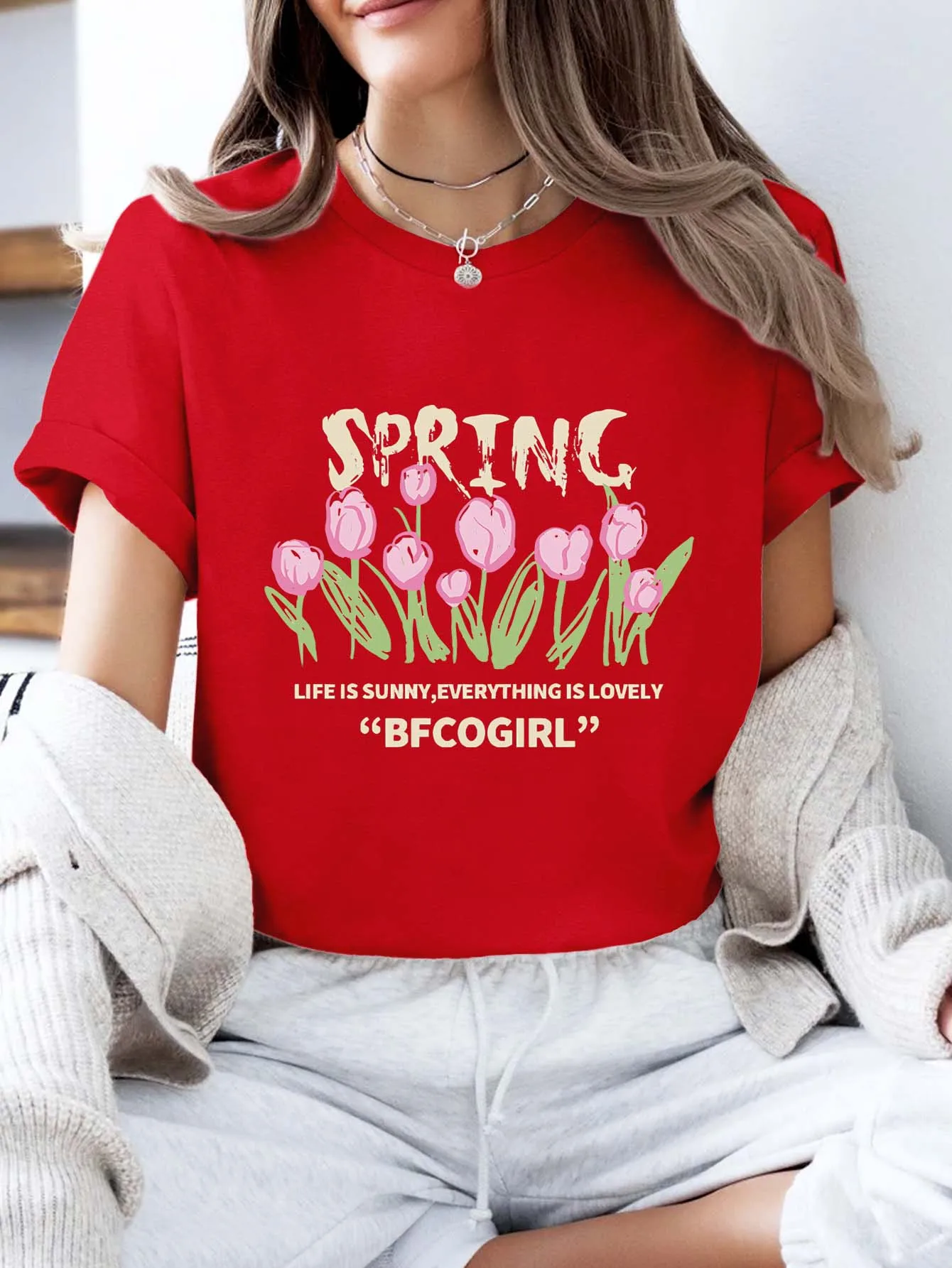 

Plus - Size Short Sleeve T - Shirt Women's Clothing: “SPRING” Tulip & Positive Slogan Graphic