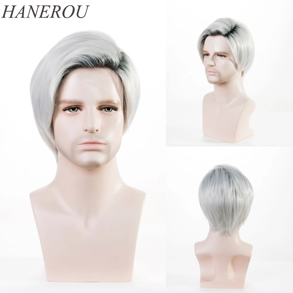 

HANEROU Men Short Synthetic Straight Wigs For Male Party Daily Wear Cosplay Haircut White Blonde Brown Hair