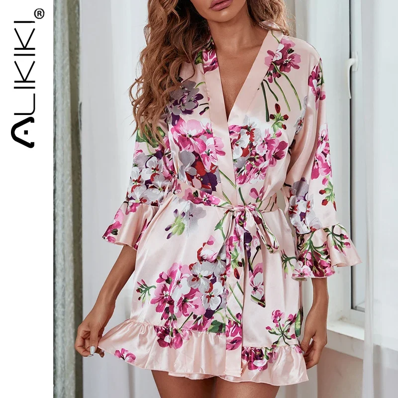 Women\'s Pajamas Floral Print Bathrobe With Belt Sexy Night Gowns Dress Satin Nightdress Sleepwear Home Clothes For Women