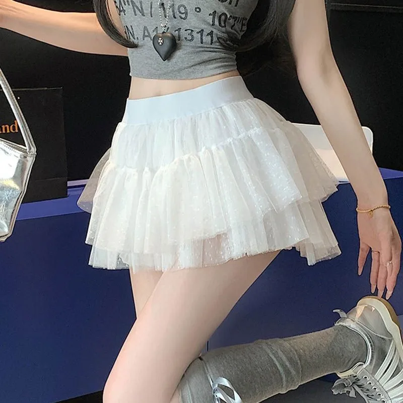Elegant Pure Desire Ballet Style Mesh Splice Fluffy Fairy Half Skirt High Waist Slimming Cake Short Skirt for Teenage Girls