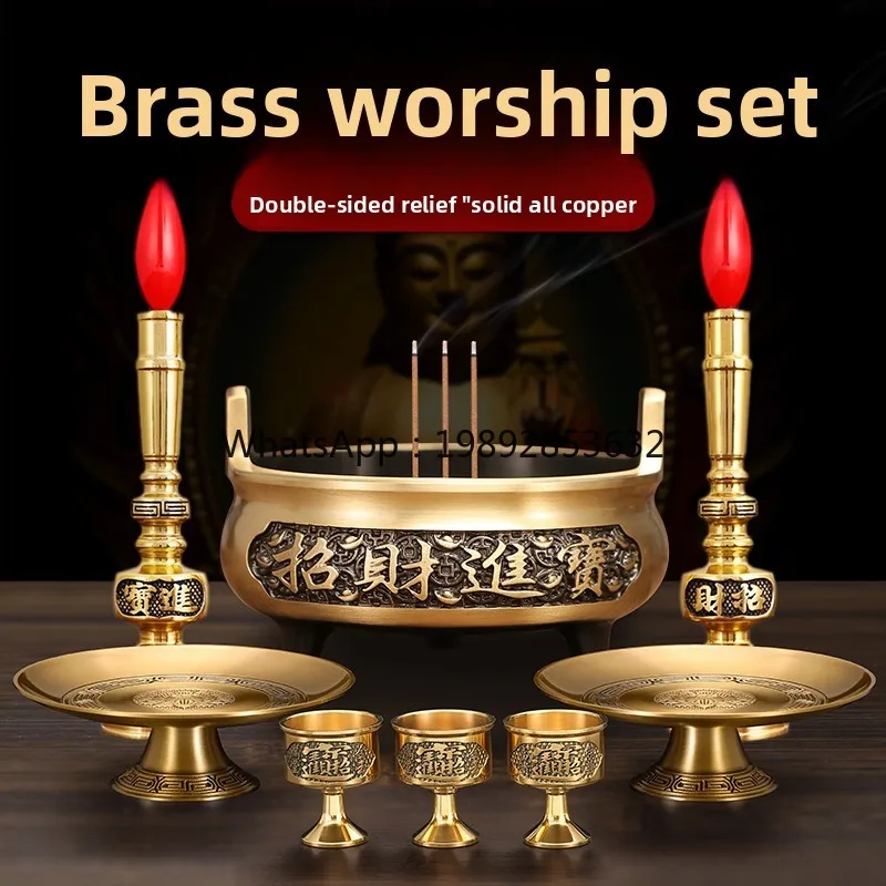 

ZZ Copper Incense Burner Offering Set for Worshiping Buddha, God of Wealth, Guan Gong Statue, Buddhist Supplies