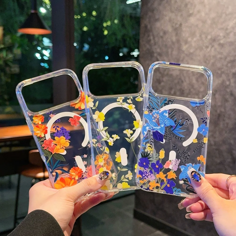 수채화 투명 꽃 요소 디자인 자기 전화 케이스, iphone 17 17Pro max 17Air 다채로운 데이지 케이스