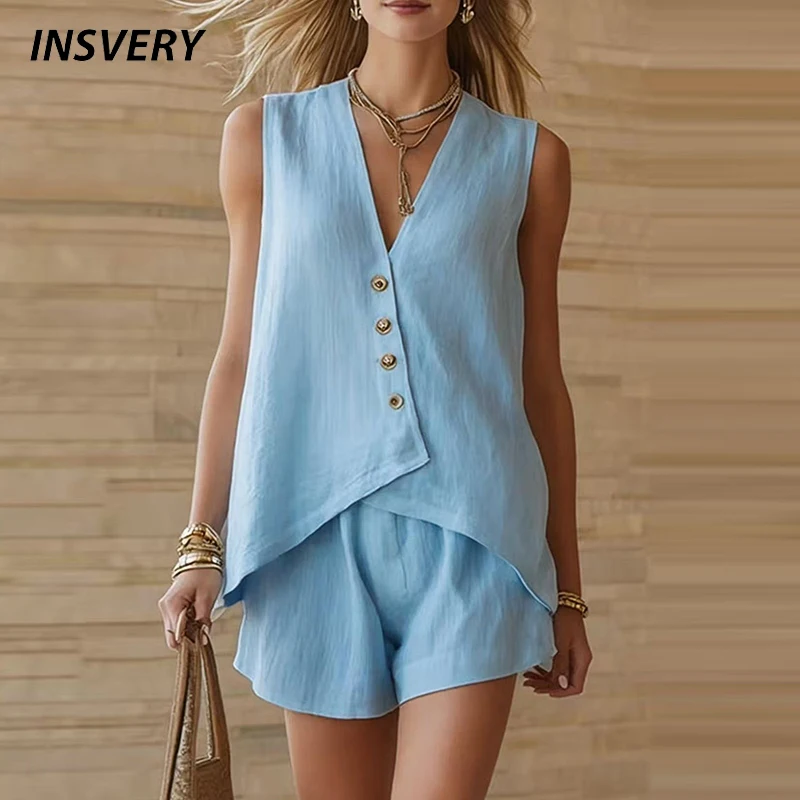 

Summer Women V Neck Button Vest Shirt Elastic High Waist Shorts Suit Women Casual Two Piece Set Lady Comfortable Holiday Outfits
