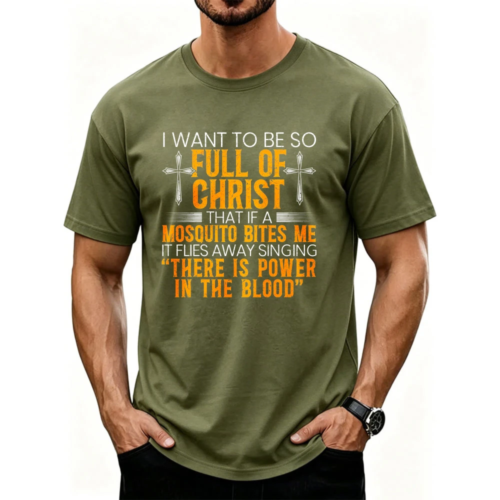 Funny Full of Christ Mosquito Pun Cross Print Men Short Sleeve T Shirt Religious Christian Faith Casual Daily Graphic Tee Top