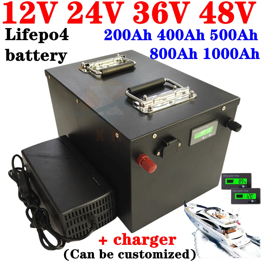 Lifepo4 avec BMS de pêche Sicile EV, chargeur, 12V, 400Ah, 600Ah, 12V, 800Ah, 24V, 500Ah, 36V, 300Ah, 48V, 200Ah, 5000W, 3000W