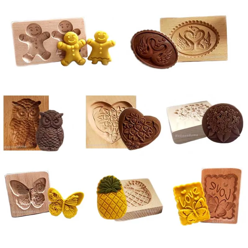 Cookie Molds Wooden Cookie Cutter Baking Forms for Cookies Gingerbread Moulds Press 3D Owl Love Flower Bakery Gadgets Stamps