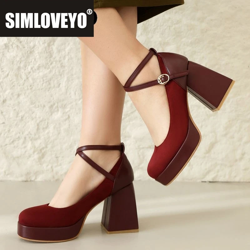 

SIMLOVEYO Модные женские туфли-лодочки 32 33 с круглым носком на блочном каблуке 9 см из флока с пряжкой на щиколотке и ремешком размера плюс 44 45 Туфли для свадебной вечеринки
