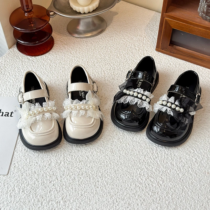 

School Girl's Leather Shoes Autumn Pearl Lace lolita Kids Mary Janes Glossy Chunky Sweet Black Beige Children Flat Shoes 23-35