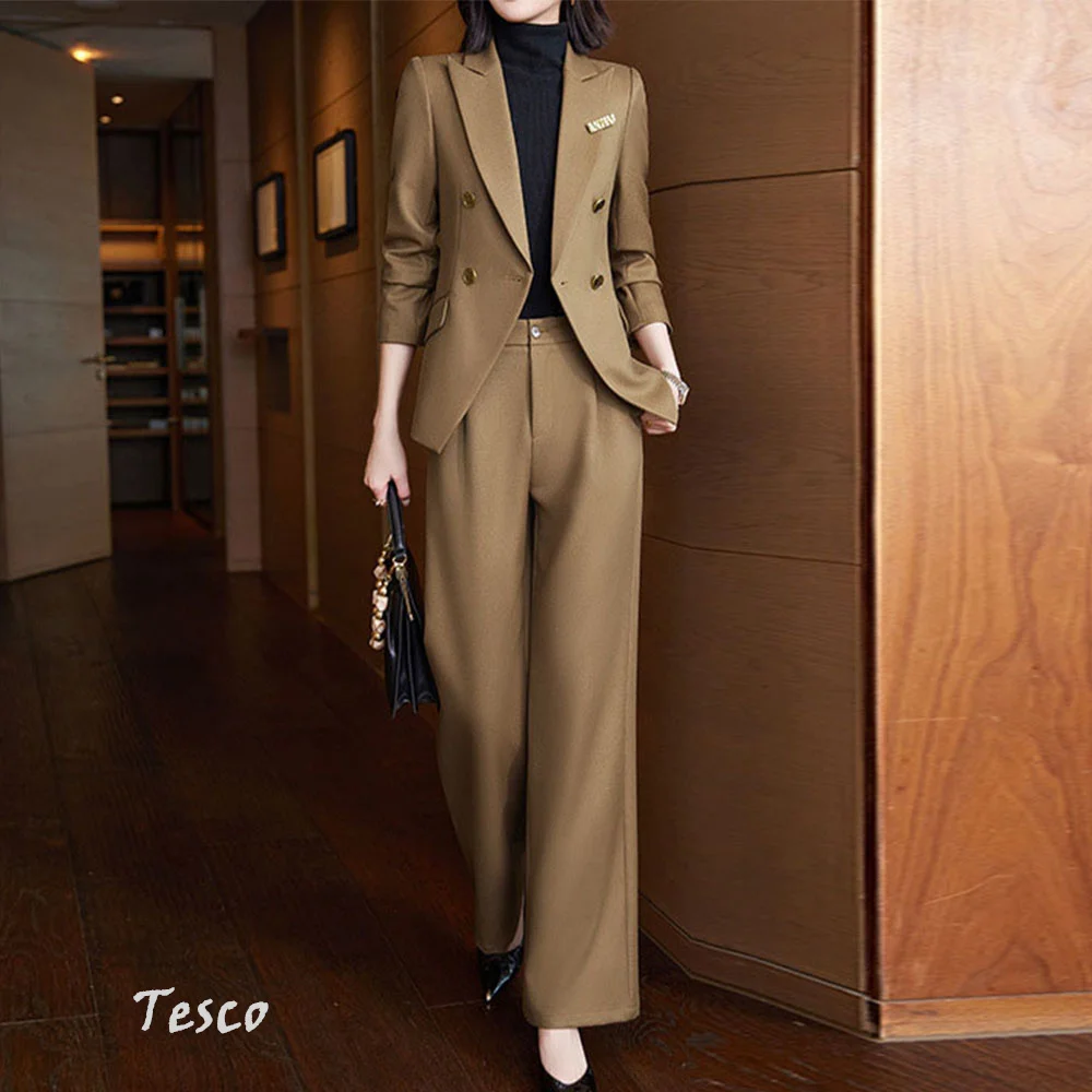 

Tesco Office Suit For Women Blazer+Wide Leg Pants Khaki Green Pantsuit Formal Sets For Professional Women Temperament 2 P