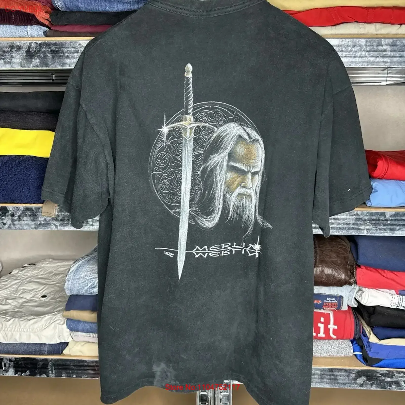 Vintage Merlin Wizard Sword T Shirt Black Fantasy Art vintage Washed streetwear graphic fashion designer clothes Versatile Soft