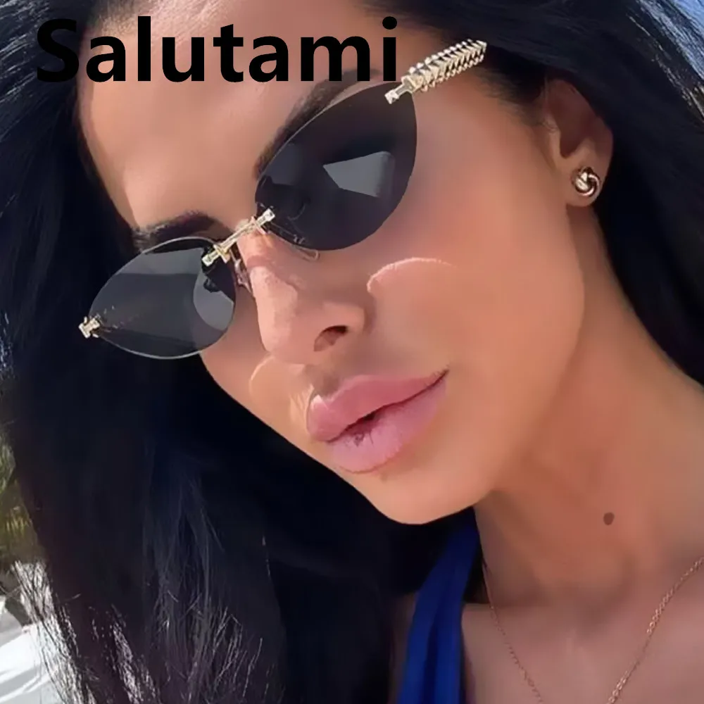 

cutting rimless triangle cat eye sunglasses for women new fashion gradient alloy rivet leg sun glasse ladies driving shades