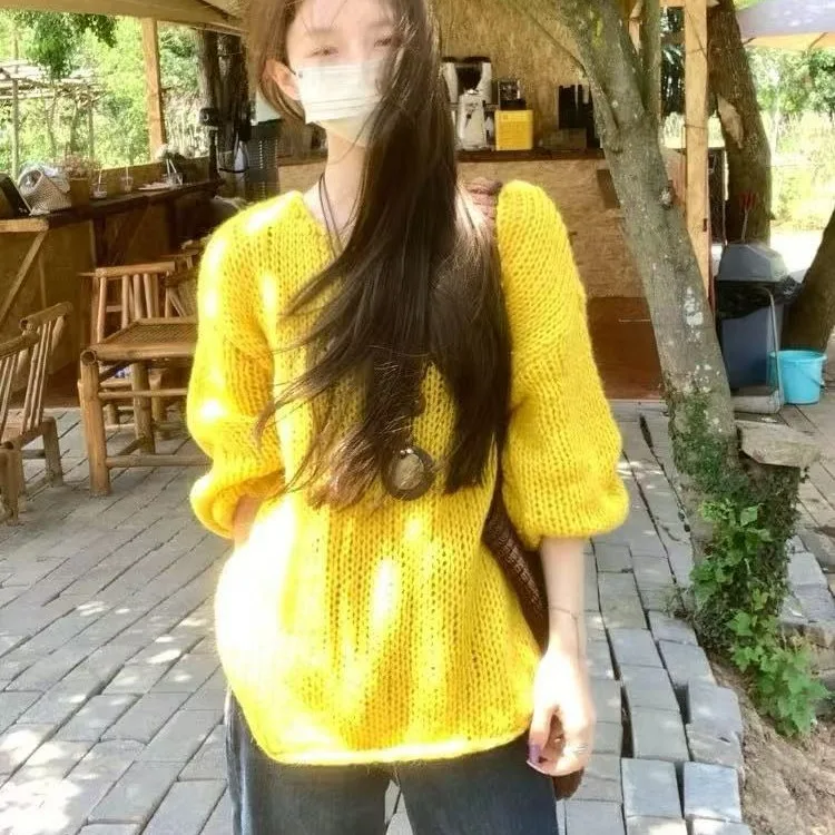 

Корейский Sle, уникальный красивый свободный ленивый желтый круглый пуловер Ne, ажурный свитер, осенний новый женский топ, модный одяг...