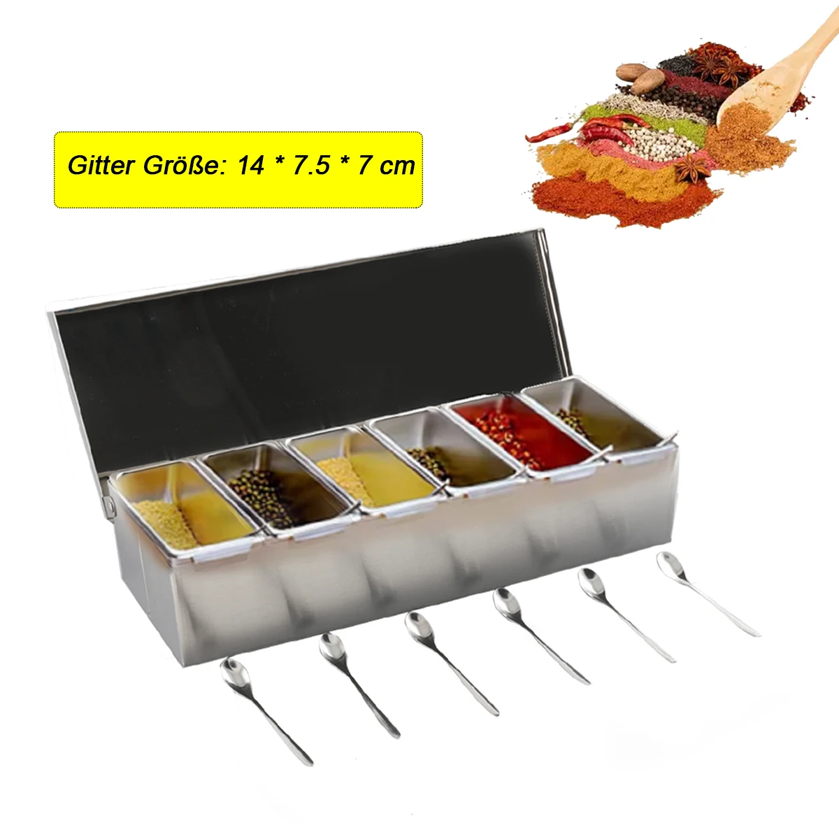 6-teilige Zutatenbox aus Edelstahl für Salz, Zucker, Käse, Soße, Gewürzbox, Pizza, Werkzeug, Snack-Aufbewahrungsbox – Detail 10