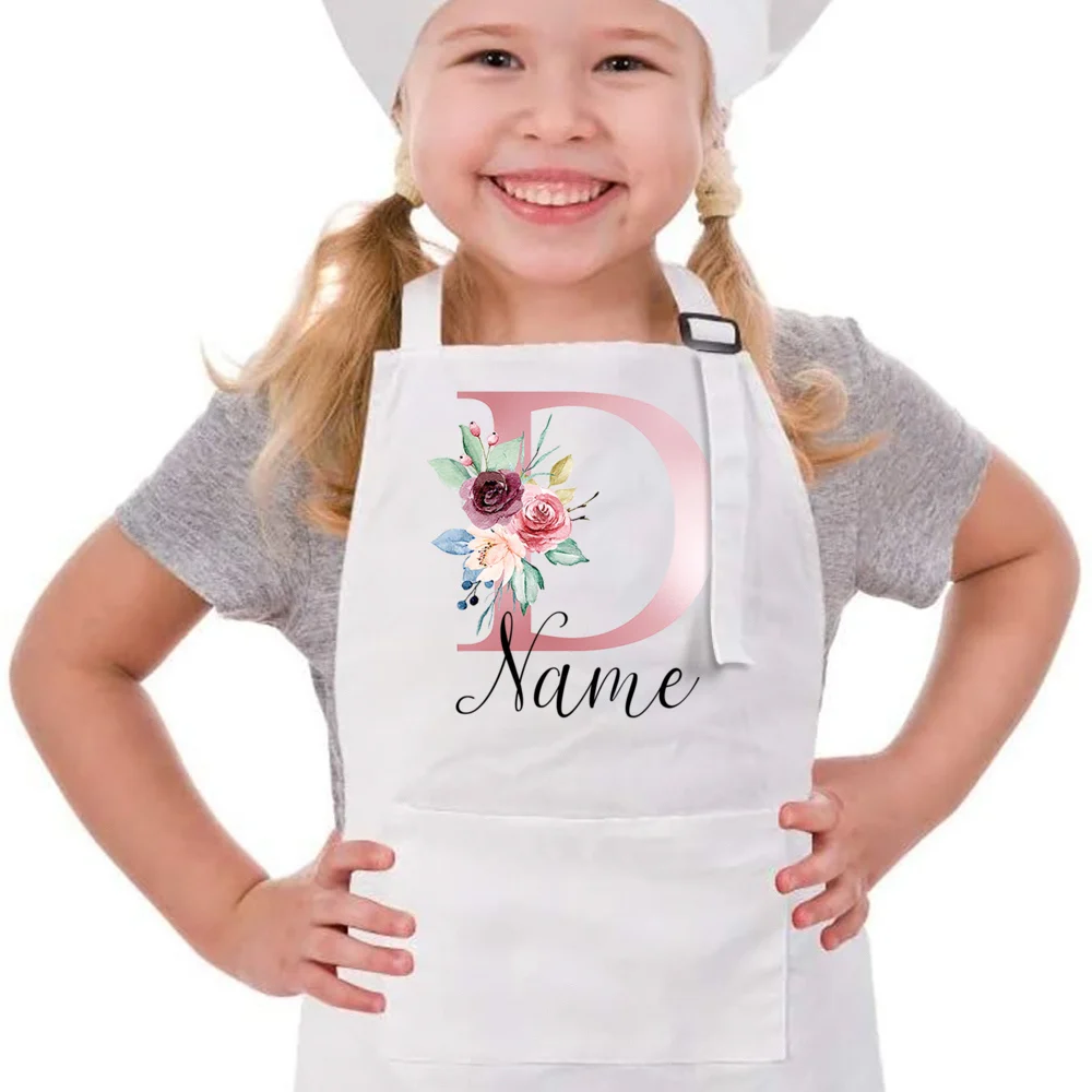 Personalized Kids Apron Cooking Kitchen Apron Pink Flower Initial and Name Apron for Children Custom Girls Cooking Apron Gift