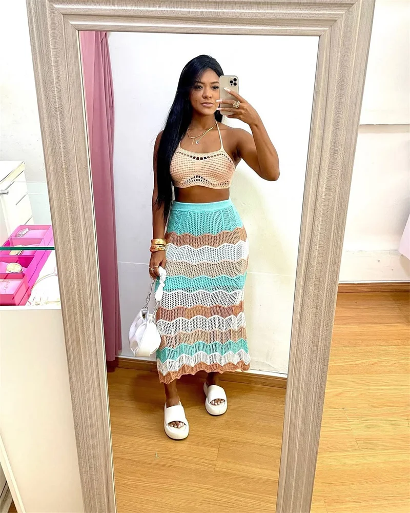 plus Size XXL 2PCS Women's Knitting Bikini Cover-Up Set Sexy Halter Crop Top High Waist Skirt Bottom Wrap Long Beach Dress