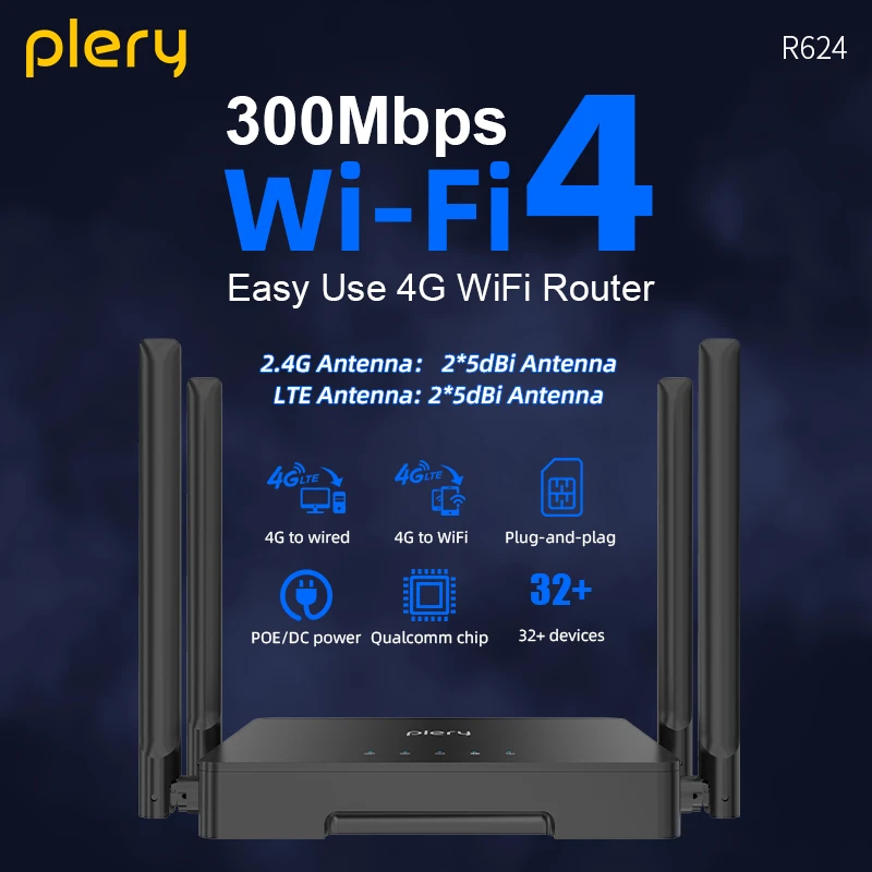 

Маршрутизатор Plery WIFI4 4G CAT4 Маршрутизаторы LTE 300 Мбит/с Тип-C/DC Power Беспроводной маршрутизатор 4*5 дБи Антенны Nano SIM-карта 4G для проводного/WIFI