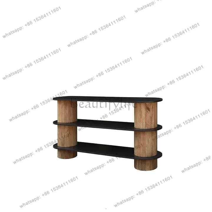Wabi Sandy Wind Color Matching Three-layer Solid Wood Entrance Cabinet Shelf Living Room Homestay Villa Log Decoration