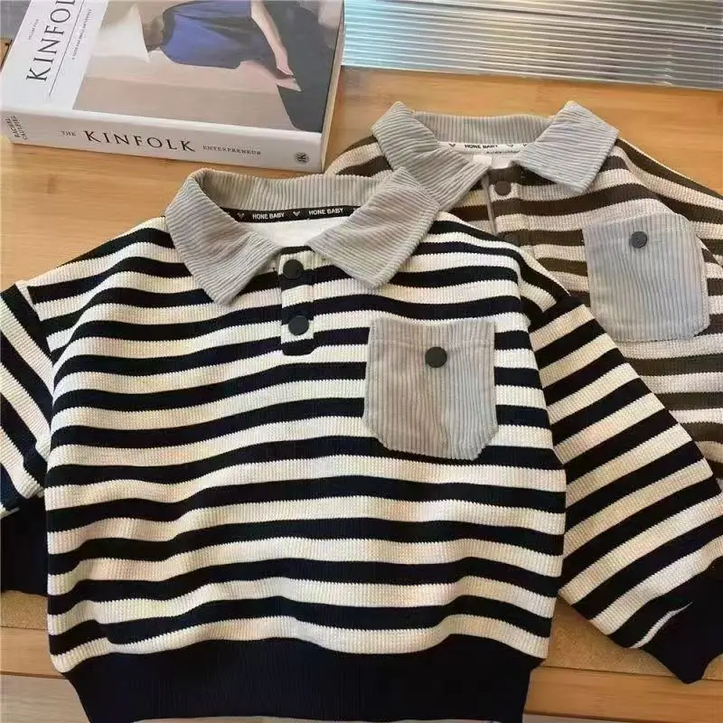 

Boys' Velvet Sweater Autumn/Winter New Baby Long Sleeve Polo Shirt Korean Edition Striped Children's One piece Velvet Top 1-6Y