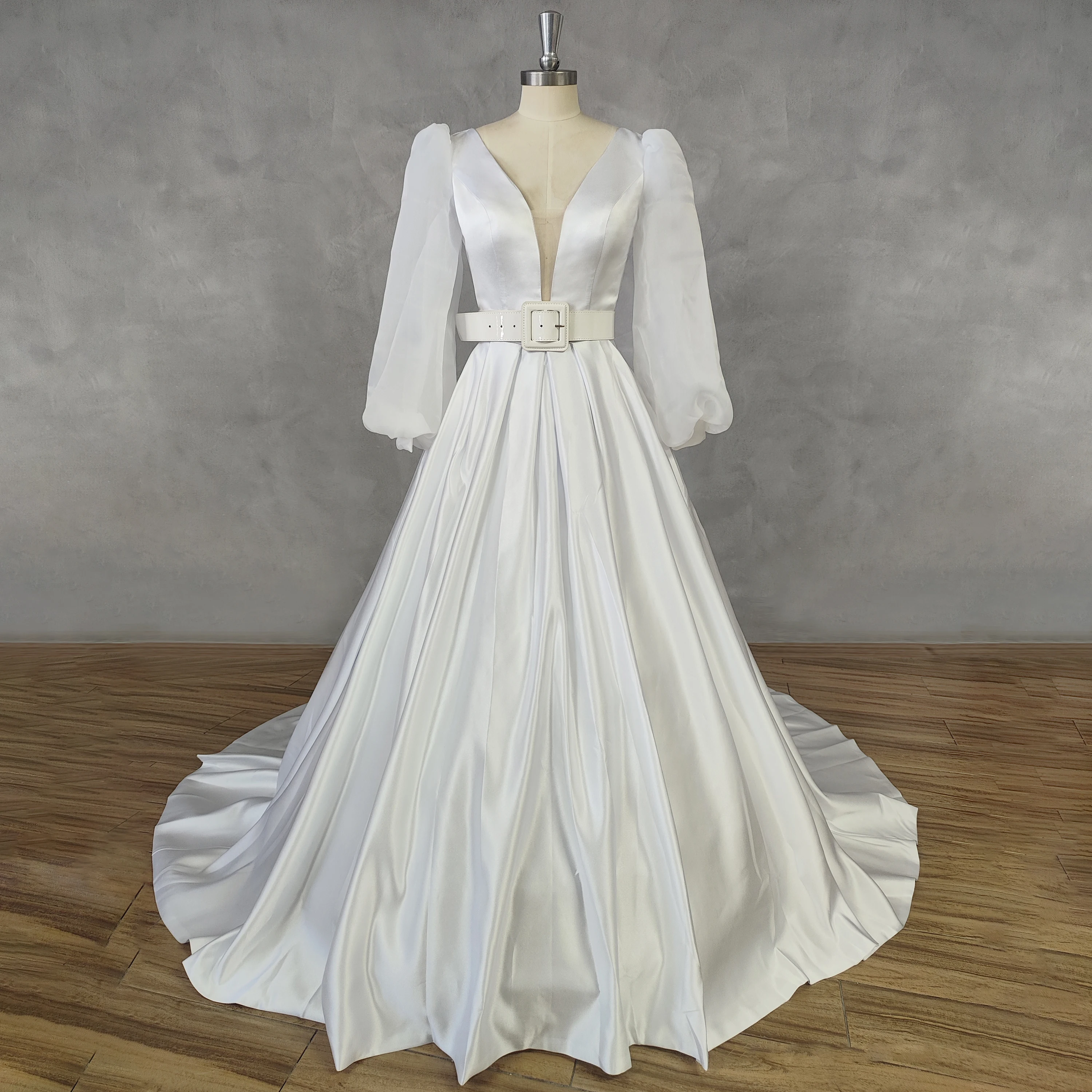 DIDEYTTAWL Real Picture Deep V-Neck A-Line Long Puff Sleeve Satin Wedding Dress Zipper Back Court Train Bridal Gown Custom Made