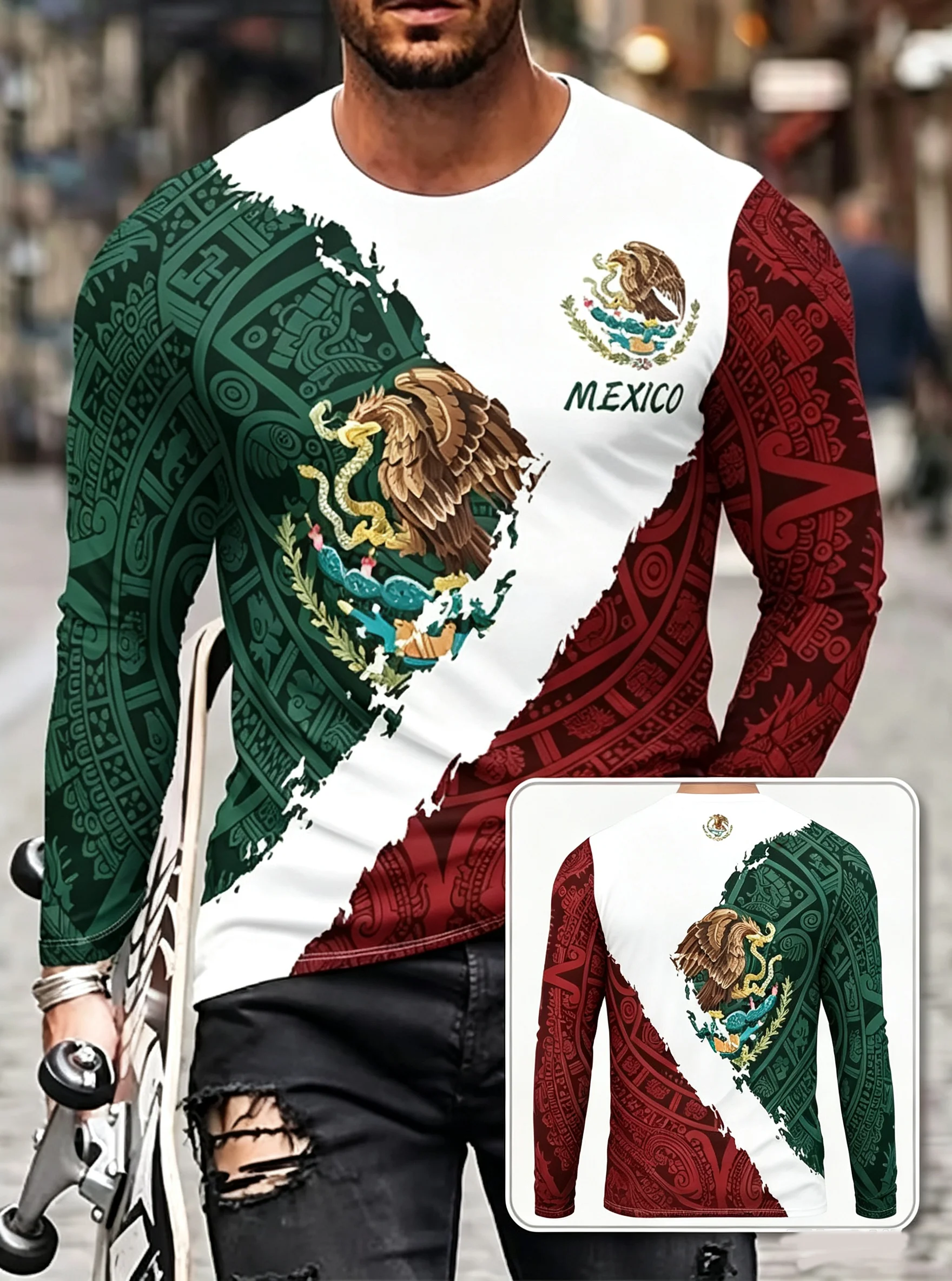 Mexico Eagle Aztec Flag 3D Print Long Sleeve T-Shirt, Unisex Oversized Streetwear Harajuku Casual Top for Adults Men Women Teens