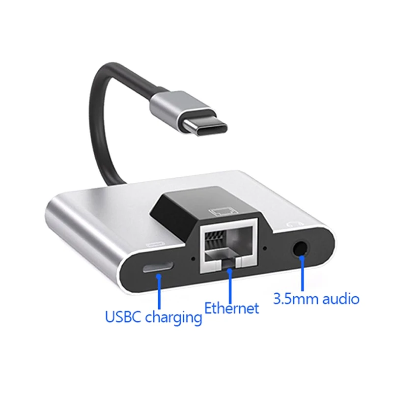 

USB-C сетевой адаптер-хаб Type-C Ethernet LAN с аудиовходом 3,5 мм и быстрой зарядкой PD, док-станция для ноутбуков, мобильных телефонов и планшетов