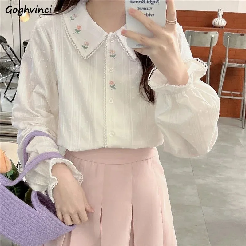 

Shirts Women Peter Pan Collar Gentle All-match Korean Trendy Embroidery Design Long Sleeve Sweet Temper Spring Tops College Ins