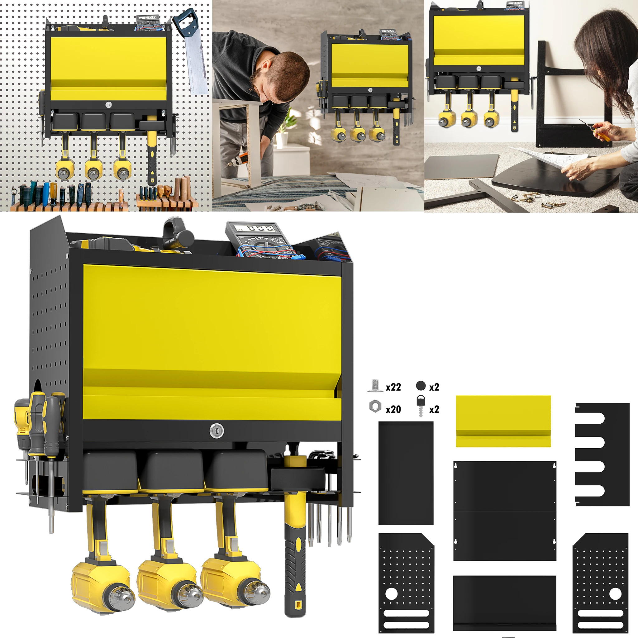 Portautensili da parete per l’organizzazione degli utensili elettrici, robusto supporto in metallo per trapani con vano laterale per cacciaviti, ideale per 3 trapani a percussione e altri utensili