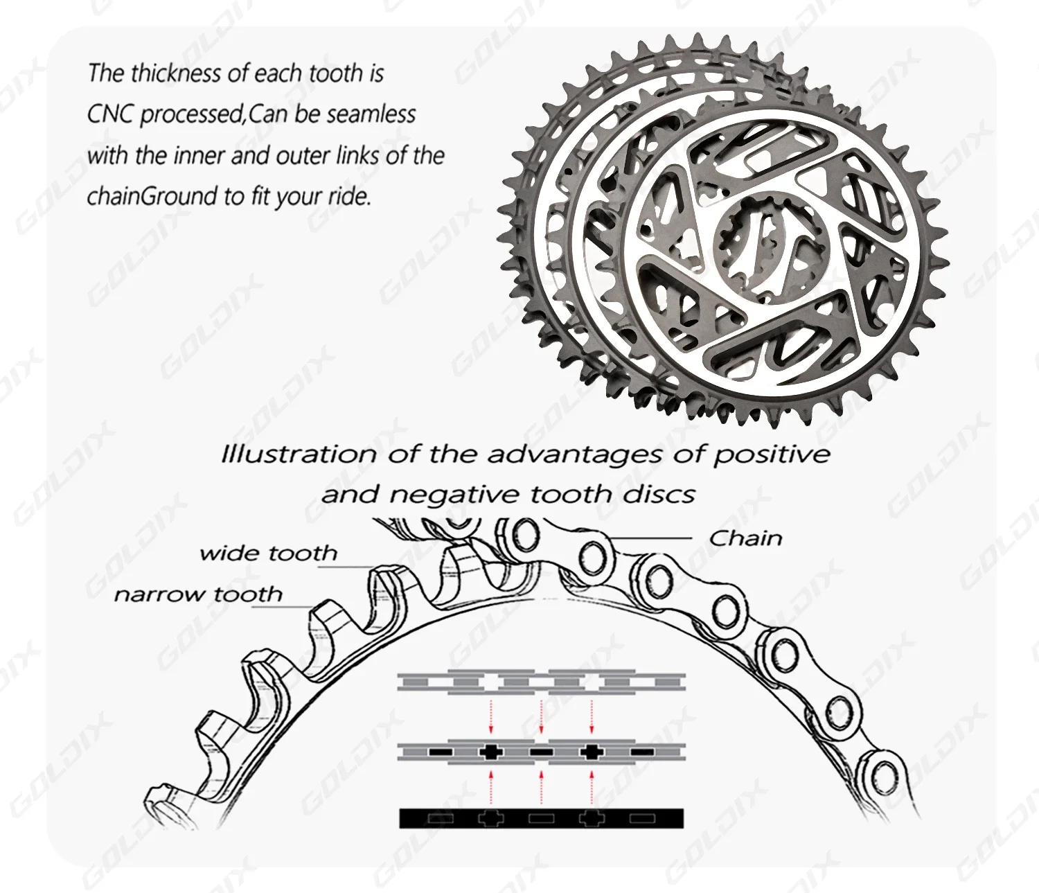 GOLDIX Hochfeste Fahrradkurbelgarnitur 165/170/175mm Geschmiedeter Legierungs-Kurbelarm 3-Bolzen-Direktmontage Schmal-Breit-Kettenblatt für MTB-Fahrrad – Detail 6