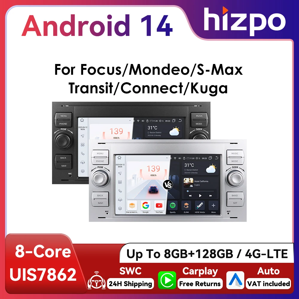 HIZPO 2Din 7 Zoll Android Auto Autoradio für Ford Focus 2 Mondeo S/C Max Kuga Fiesta Fusion GPS Navigation RDS DSP UI7862 CarPlay