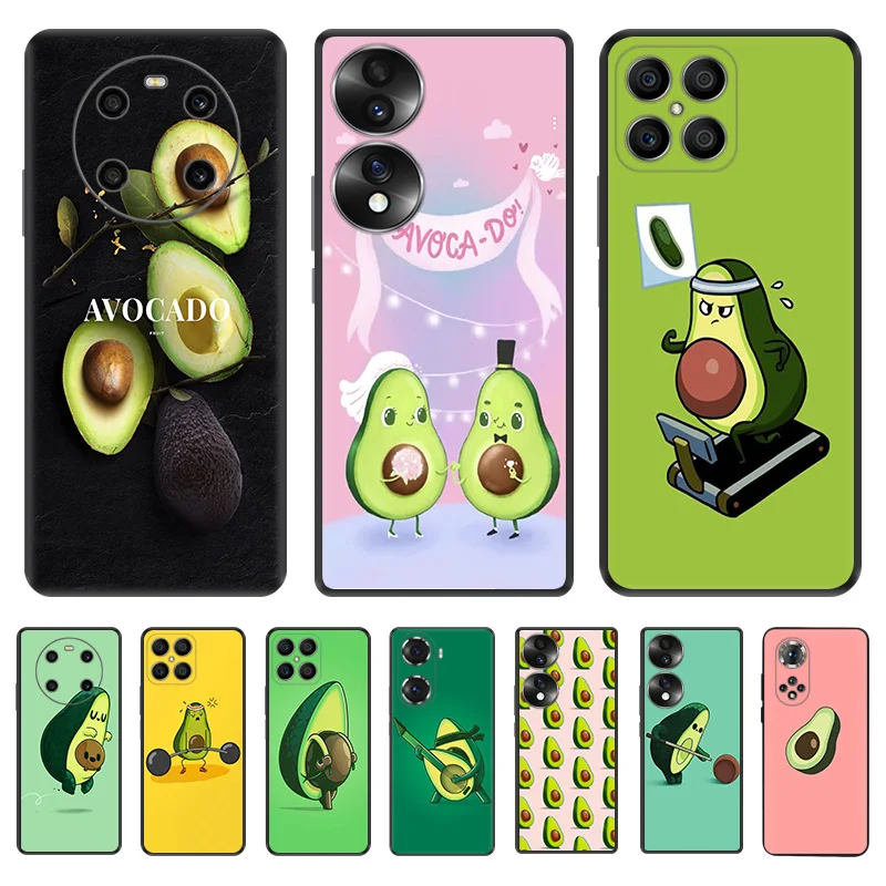 Black Soft Phone Case for Honor Magic5 Pro X7b X8b X9b X6 X7 X8 X9 A 90 70 Cute Avocado Cartoon Pixel 6 7 8 6a 7a 8a Cover