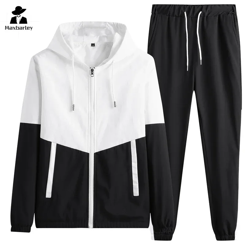 Spring And Autumn Men\'s Sportswear Suit Hooded Colorblock Casual Jacket + Pants Suit Men\'s Teenager 2-piece Jogger Sweatshirt