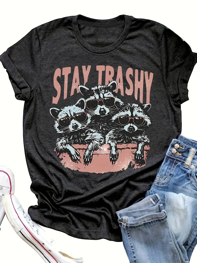 Raccoon Print T-Shirt, Short Sleeve Crew Neck Casual Top for Summer And Spring, Women'S Clothing