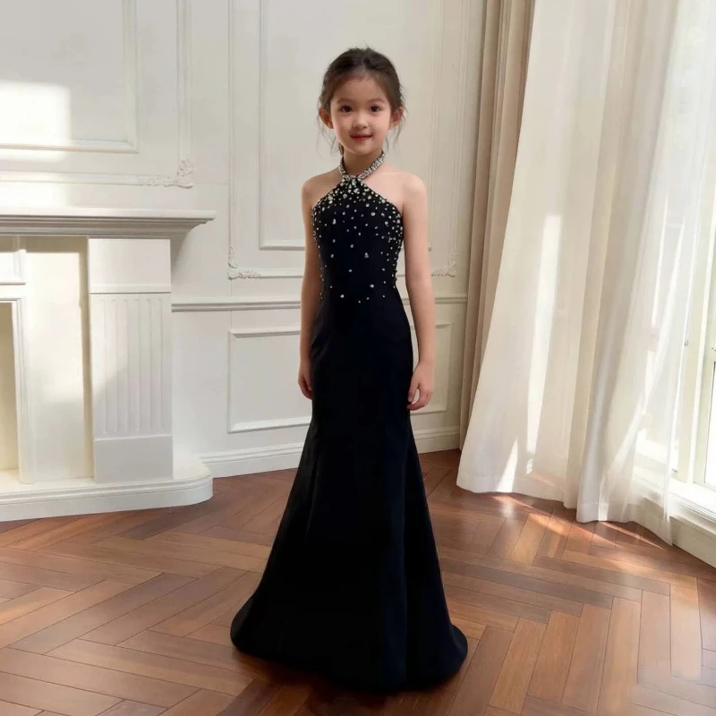 

2026 Children Black Elegant Evening Long Dress Clothes Girls Mermaid Latin Model Piano Host Kids Pageant Party Gown Costume