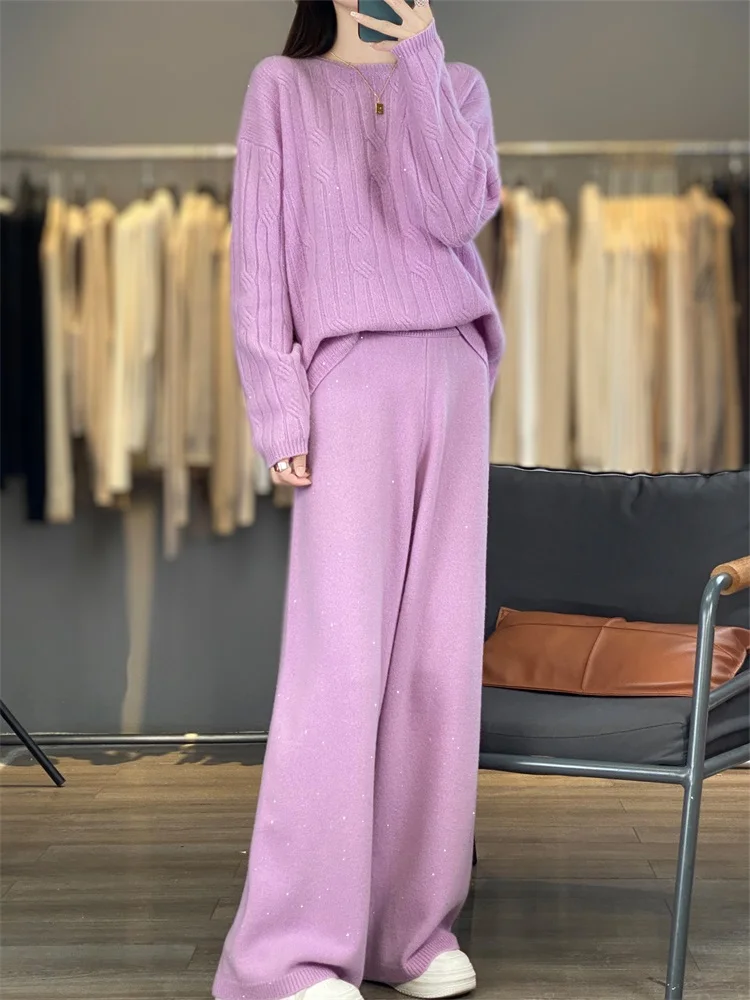 

Women's matching set 100% Merino wool round neck sequined sweater casual knitted pants 2-piece set fashionable women's clothing