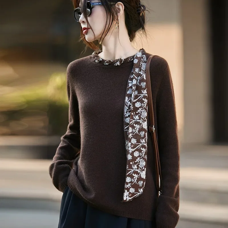 Otoño Invierno nueva llegada efecto adelgazante 100% prendas de punto de lana mujer ajuste suelto detalle de cinta moda versátil