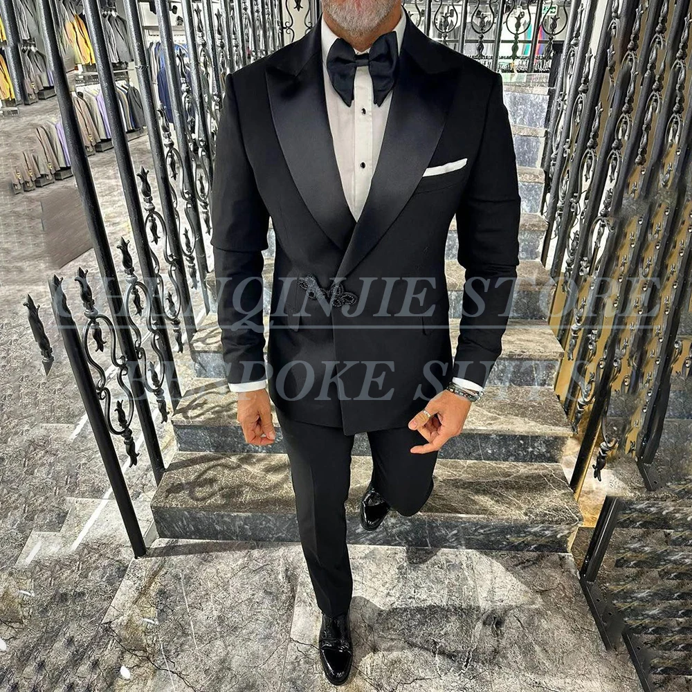 

Черные мужские костюмы с элегантным пиковым лацканом, приталенный комплект из 2-х предметов, куртка и брюки, высокое качество, облегающая деловая мужская одежда, костюм Homme