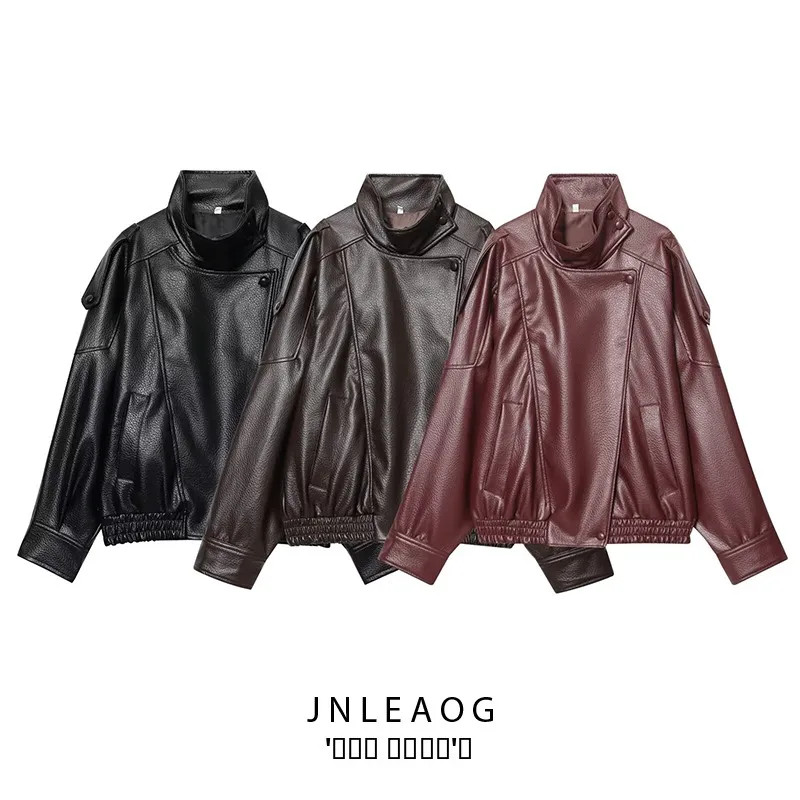 

JNLEAOG Women's Faionable Autumn New Sle Padded Jaet Outerwear Leather Look Versatile ort Coat with kets for Ladies