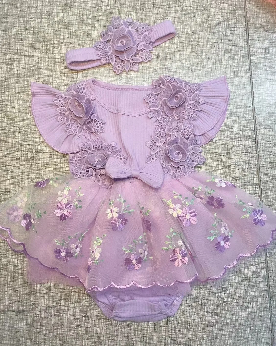 Romper bordado floral bebê menina, manga voadora, vestido de tule com bandana, roupas de verão, 2 peças