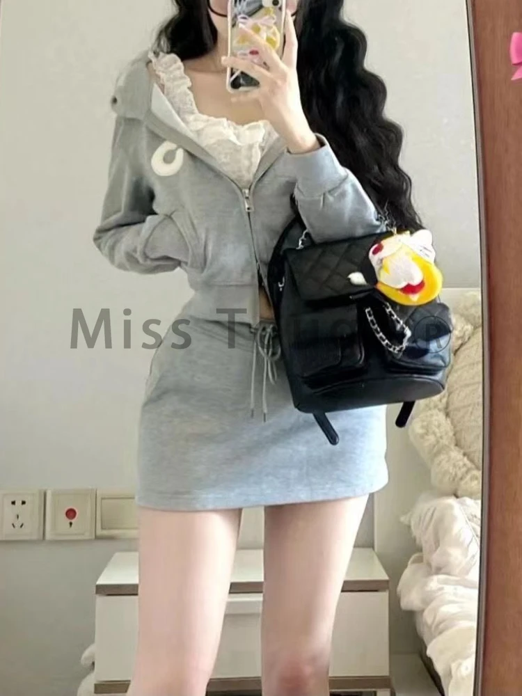 Winter Preppy Style Sweet New 2 Piece Set Women Korean Fashion Hooded Coat + Slim Mini Skirt Female Casual Sweatshirt Suit 2024