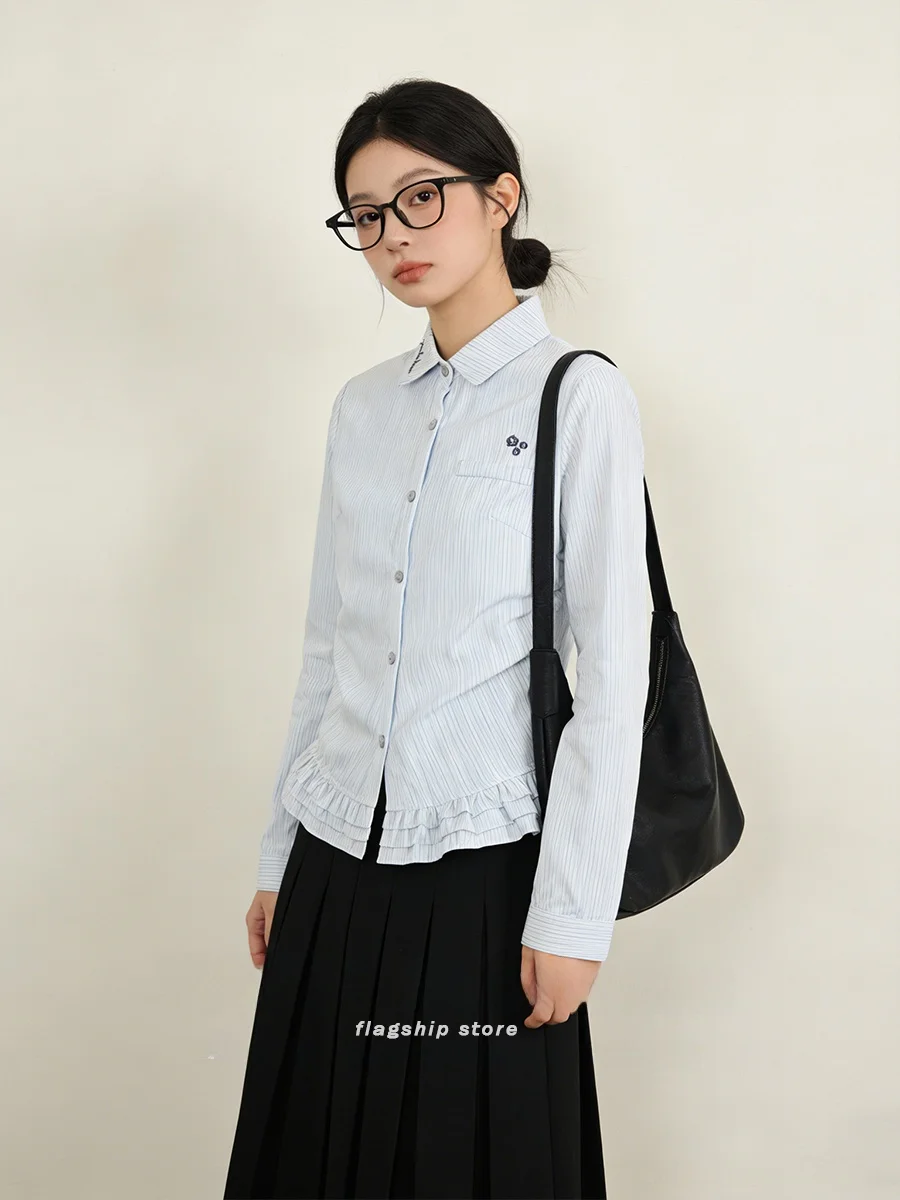 

Slim Fit Striped Shirt Women's Spring New Ruffle Patchwork Waist Cinched Elegant Versatile Base Layer Top College Style Turn ...