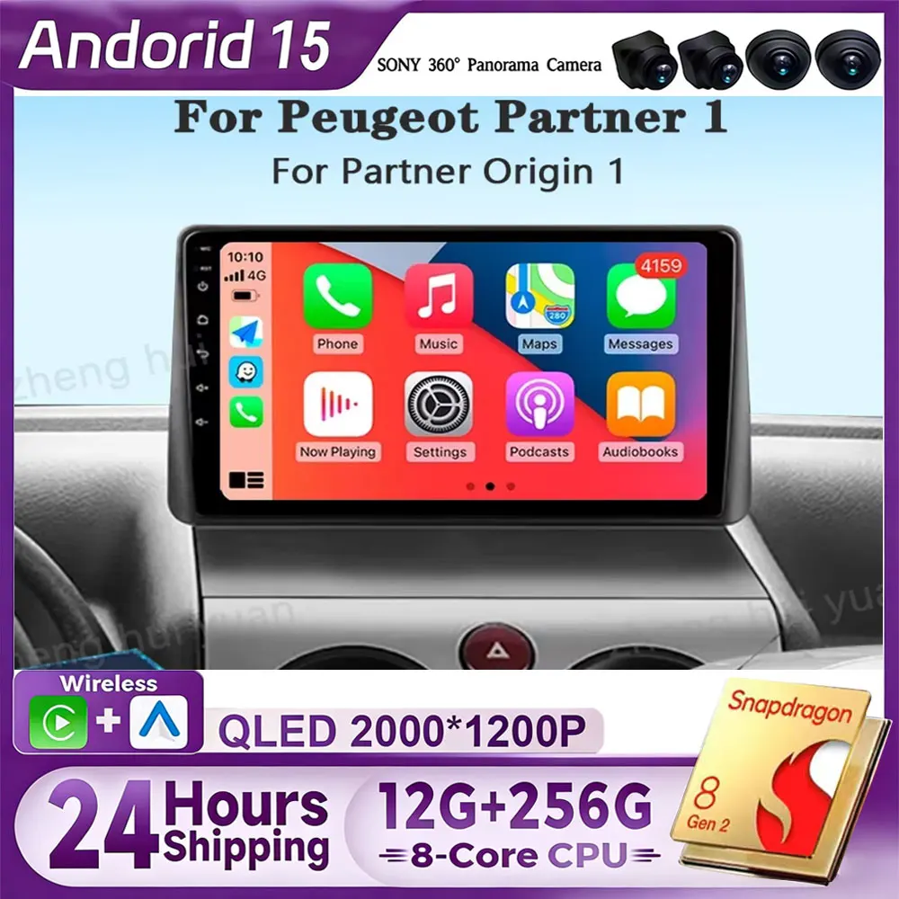 

Автомобильный радиоприемник Android 15 Carplay для Peugeot Partner 1 2002-2008 Partner Origin 1 2008-2011, Android Auto, мультимедийный плеер, стерео