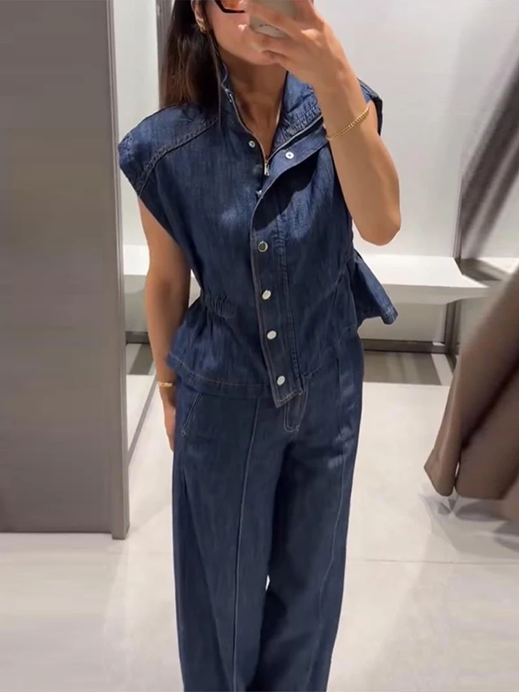 Ärmelloses Jeanswesten-Hosen-Set für Damen mit elastischem Bund, Stehkragen-Oberteil mit Knopfleiste und gerader Hose – Schickes Streetwear-Outfit für die moderne Dame – Detail 19