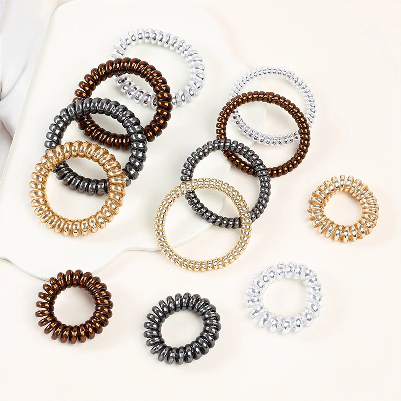 12pcs/Set Telephone Cord Scrunchies Spiral Hair Ties Metal Color Phone Cord Elastic Hair Bands Women Hair Accessories