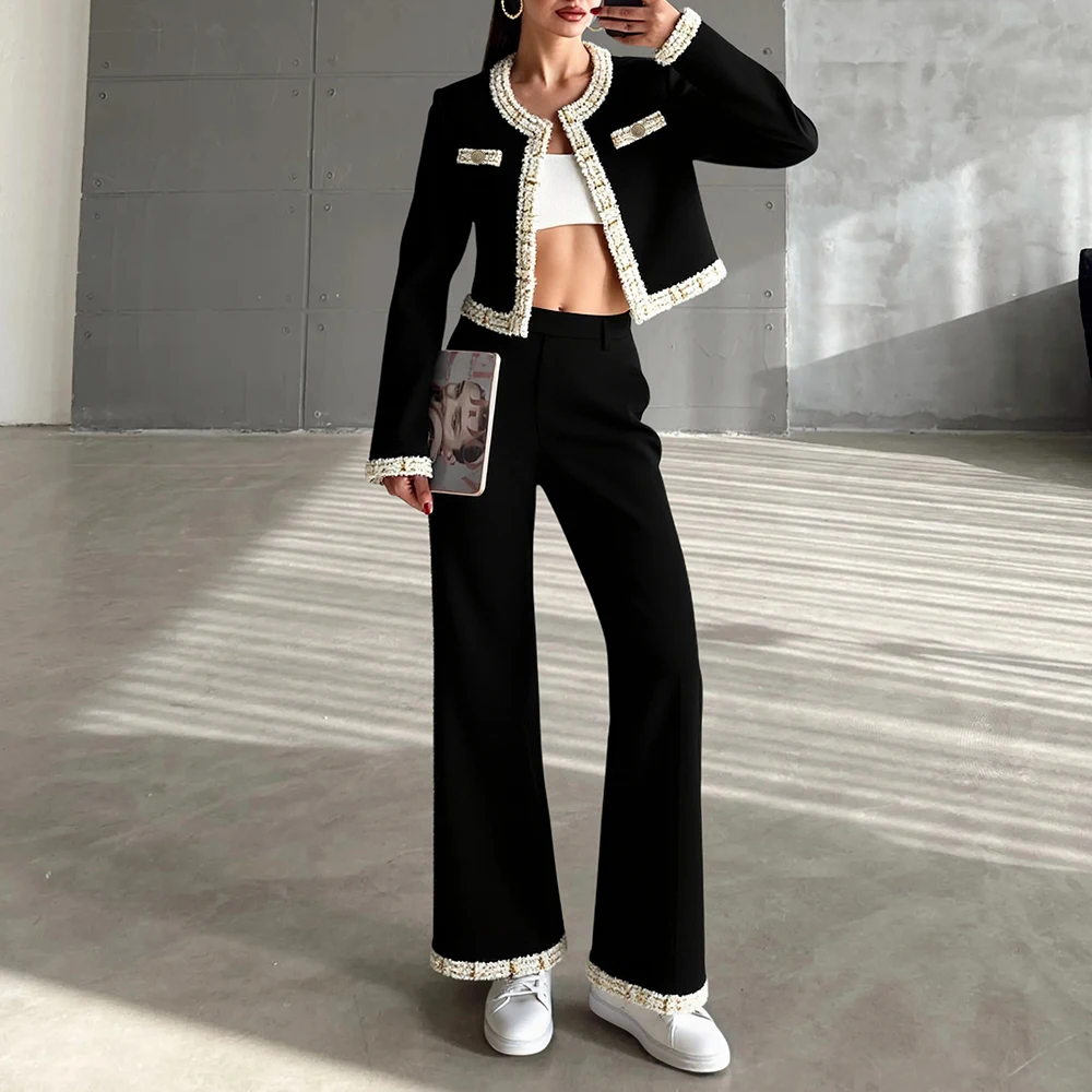 

Mia Muse Autumn Sets 2025 Women's Casual Plain Binding Long Sleeve Open Front Cropped Straight Full Length Pants Sets