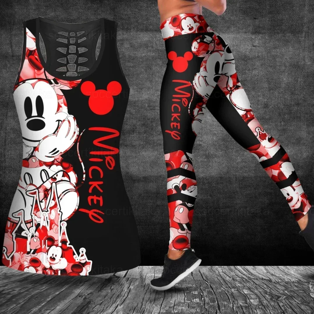 Mickey Mouse Women\'s Hollow Vest Women\'s Leggings Yoga Suit Fitness Leggings Sports Suit Disney Tank Top Legging Set Outfit