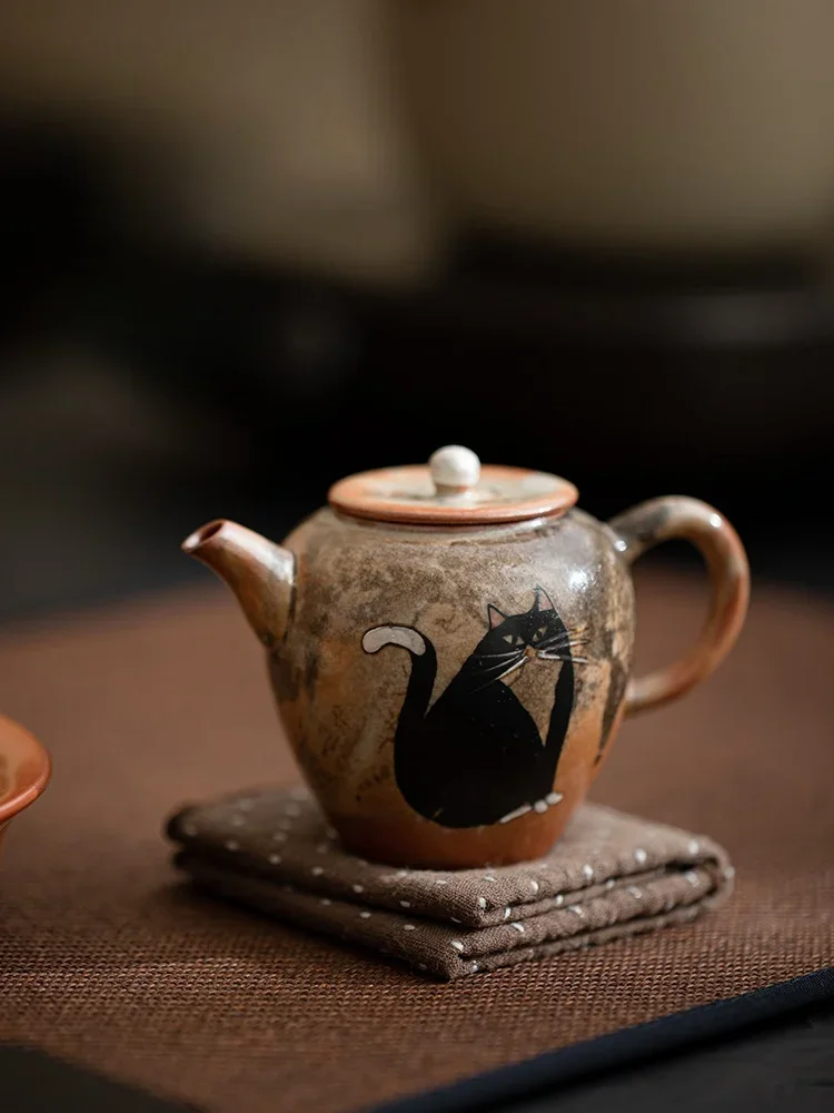 

130ml Japanese Wood-fired Porcelain Zhiye Teapot Handmade Gilt Silver Silver Cat Pot Tea Brewing Kettle Drinkware Decoration